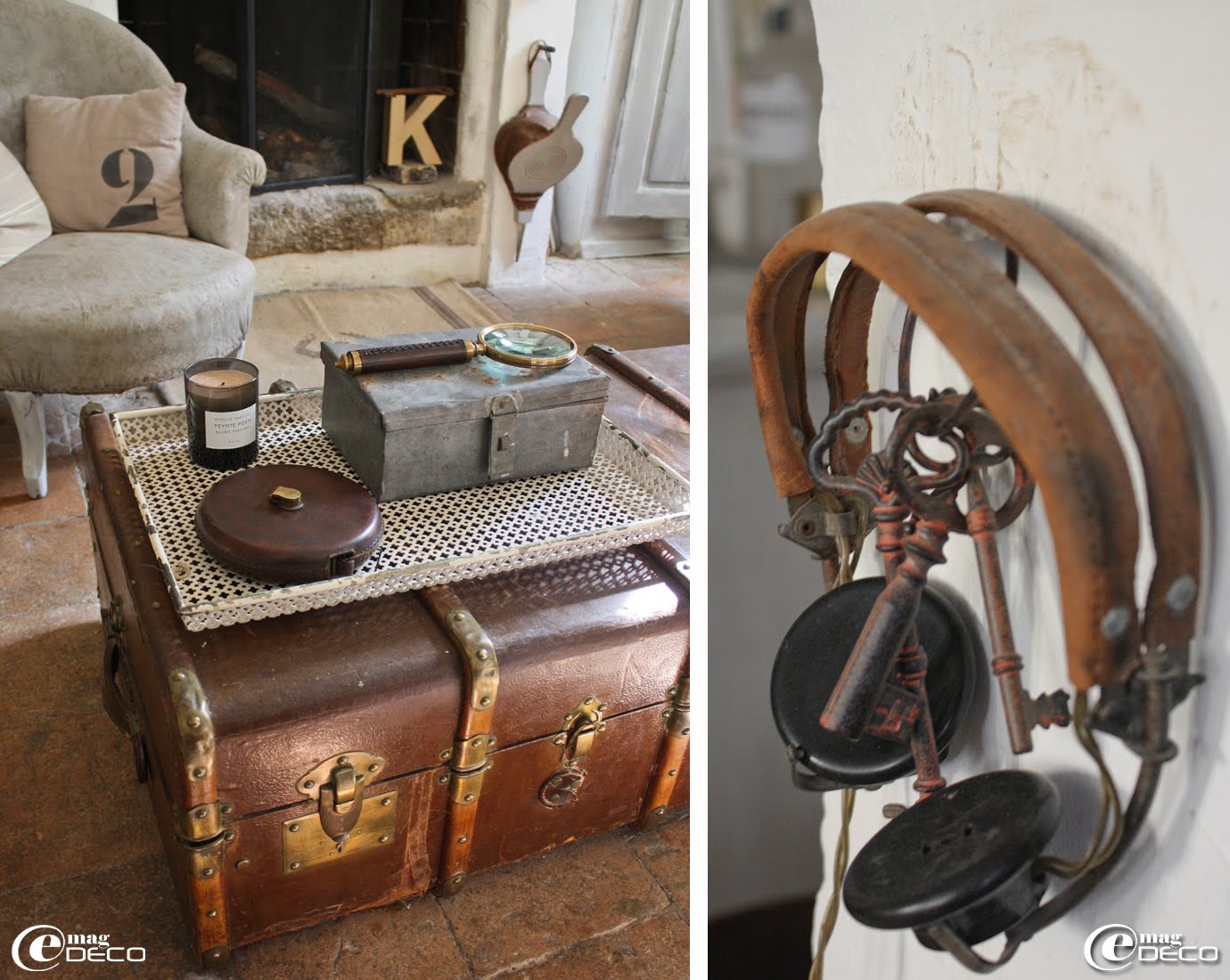 Vieille malle en cuir détournée en table basse de salon et vieux casque écouteur en bakélite pour poste à galène