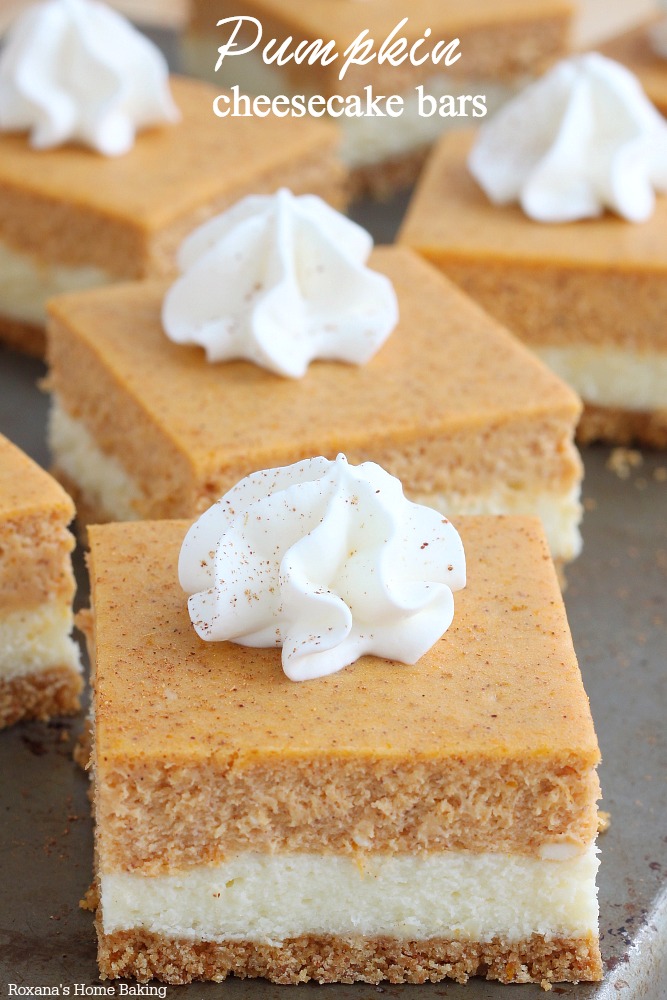 So easy to make and with the right amount of pumpkin flavor, these pumpkin cheesecake bars taste exactly like a cheesecake that crossed paths with a pumpkin pie – the best of both worlds!