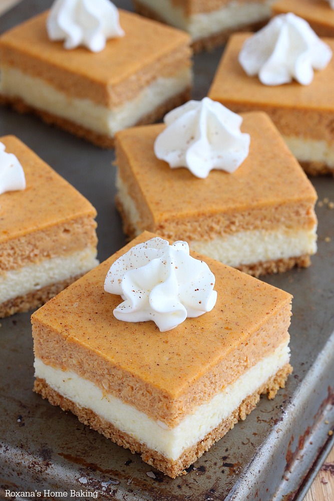 So easy to make and with the right amount of pumpkin flavor, these pumpkin cheesecake bars taste exactly like a cheesecake that crossed paths with a pumpkin pie – the best of both worlds!