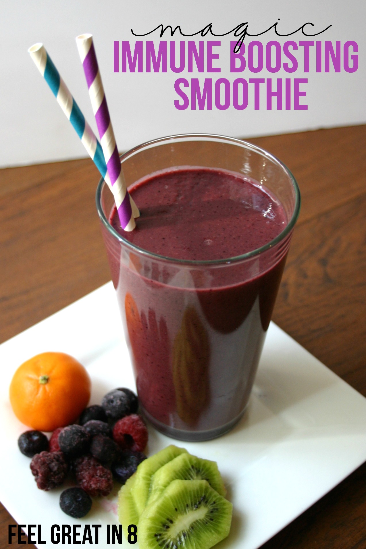 We haven't been sick since we started drinking this Immune Boosting Smoothie! We are finally staying healthy and I'm seriously going to be making this smoothie every day this winter! | Feel Great in 8 #healthy #recipe #smoothie