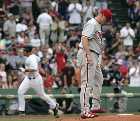 Boston Red Sox vs. Philadelphia Phillies-Game 2 -- Mike Lowell circles the bases after his lead off HR off Philly pitcher Brett Myers in the 2nd inning.