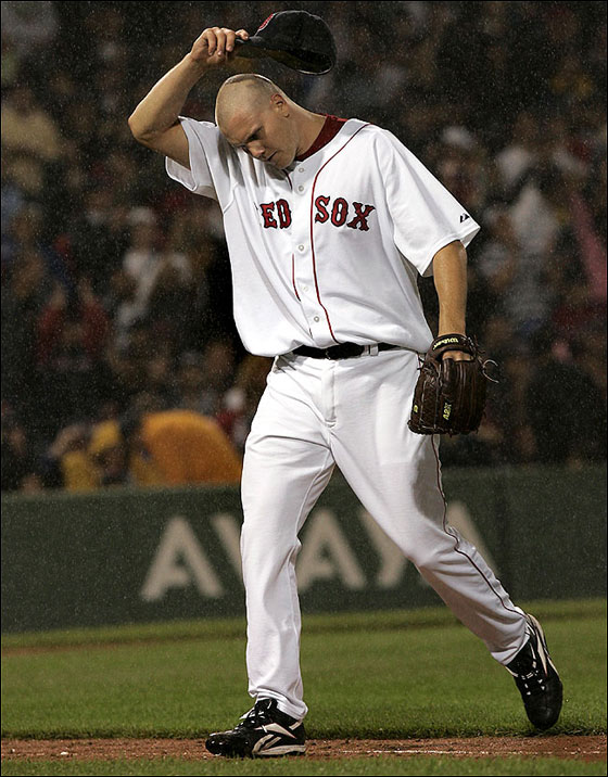 An unhappy Jonathan Papelbon comes off the mound after getting the final out, but allowing the tying run in the 8th inning.