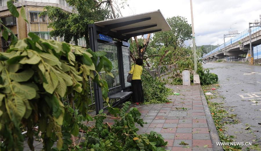 A woman looks at information of public buses at a bus stop in Taipei, southeast China's Taiwan, July 13, 2013. Traffic in Taipei was interrupted since many trees were uprooted and fell on roads. One person has been confirmed dead and 21 others injured as Typhoon Soulik hit the city on early Saturday morning. (Xinhua/Tao Ming) 