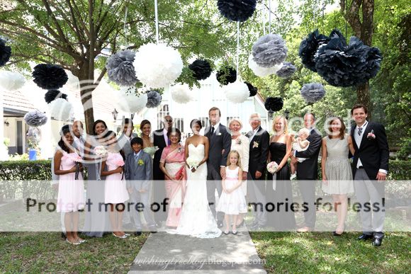 giant flower pom poms, floating pom poms, monochromatic, garden wedding