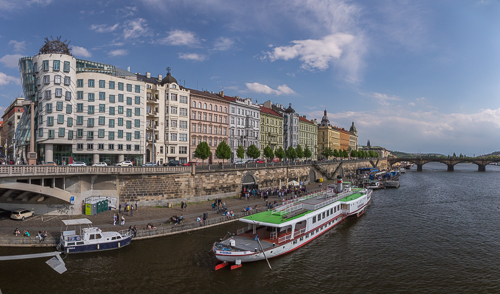 River panorama, with the very cool Dancing House on the left