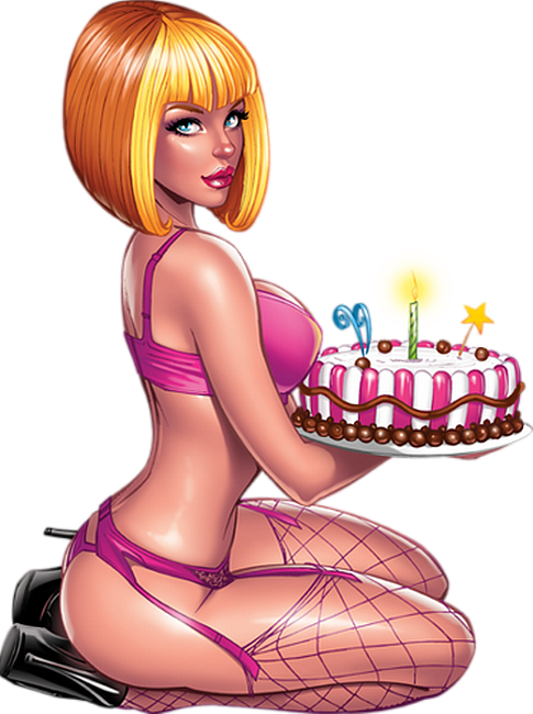 Tube anniversaire, femme sexy & gâteau - Birthday png