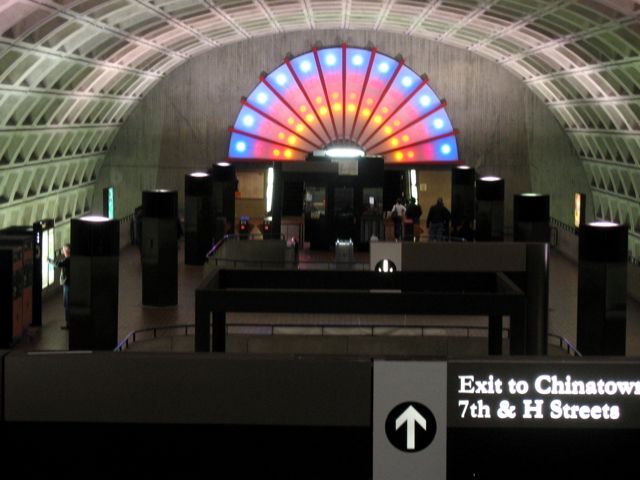 A light sculpture graces one end of the Gallery Place/Chinatown metro station.