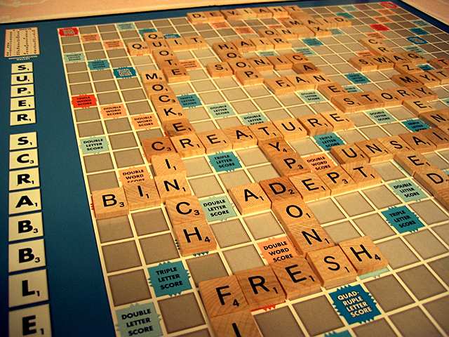 The Super Scrabble board in mid-game.