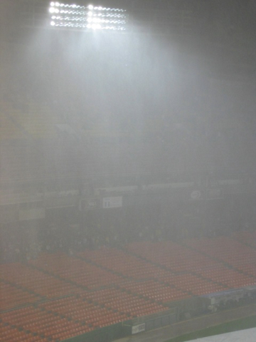 Rain falls in sheets at RFK Stadium.