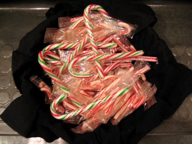 A bag of miniature candy canes free for the taking at some shop I was in before the holidays.