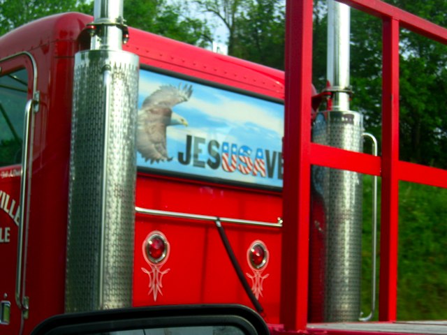 A banner in the back window of a truck on I-70 somewhere in Ohio.