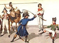 German farmer, mounted Cossack, and an Englishman, 
enjoying a duel between the robust Blucher and the 
little Buonaparte. Picture by G Shadow, Great Britain.