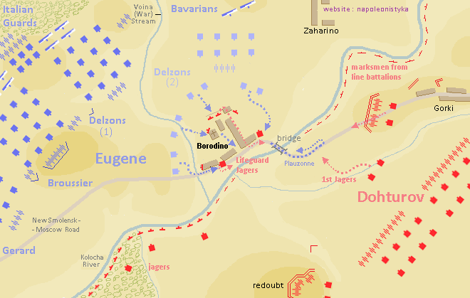 Delzons' infantry division captured Borodino.
The Russian jagers however counterattacked
and recaptured the village.