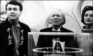 William Hartnell (centre) as the first Doctor in 1963 - with William Russell as Ian and Jacqueline Hill as Barbera