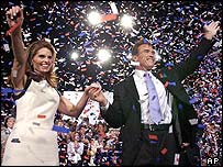 Arnold Schwarzenegger and his wife during victory speech