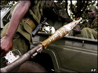 Congolese soldiers stand guard in the streets of Bukavu, Democratic Republic of Congo