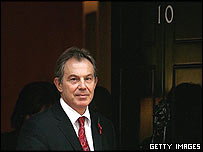 Prime Minister Tony Blair at the door of 10 Downing Street