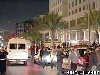 Emergency vehicles in front of the Hyatt hotel in Amman, Jordan