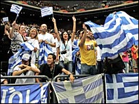 Greek fans are in joyous mood at the final buzzer