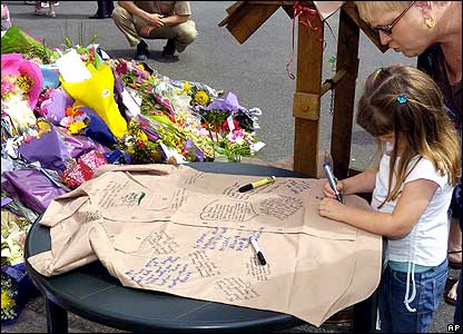 Girl signing Steve Irwin's shirt