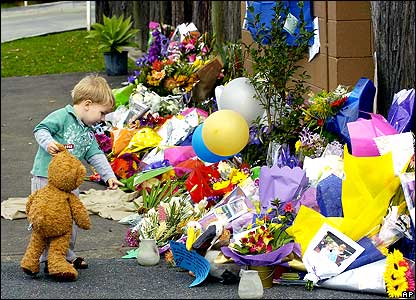 Child holding teddy near flower tributes