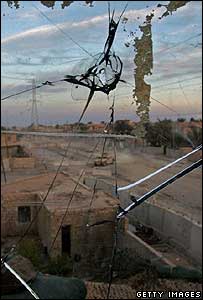 Bullet-proof glass hit by insurgent sniper at a US observation post in Iraq's Anbar province