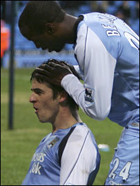 Joey Barton celebrates putting City ahead against Southampton