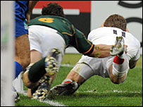 England winger Mark Cueto just puts a foot in touch as he dives over in the second half