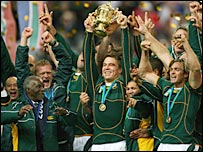 South Africa captain John Smit lifts the World Cup at the Stade de France