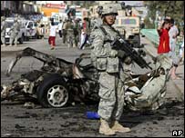 US soldier at site of suicide bombing in Baghdad, 23 March 2008