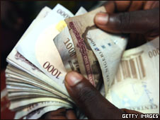 Nigerian Naira, (NGN) being counted in an exchange 