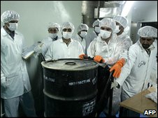 Iranian nuclear technicians with uranium at the Isfahan plant (file image)