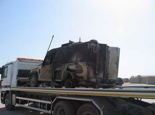 A burnt-out 'Snatch' Land Rover