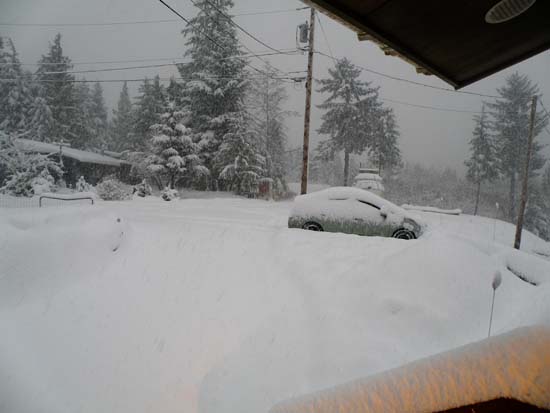 Driveway covered in snow, Toyota Prius buried.