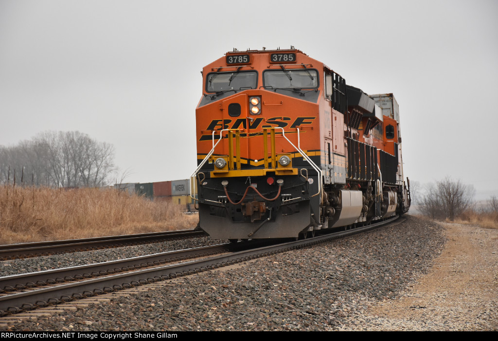 BNSF 3785 Works Dpu on a eastbound stack.