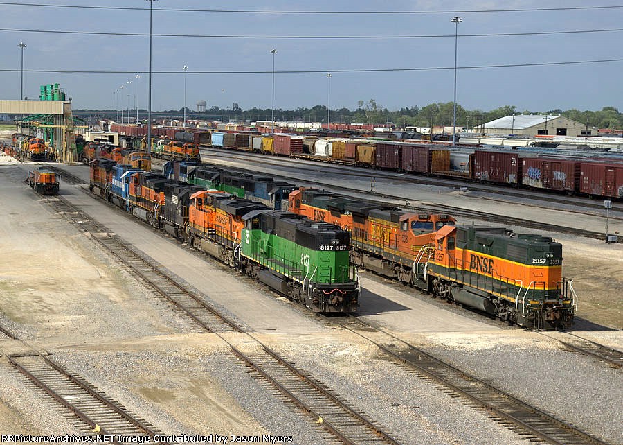 BNSF 2357, 8127, 508, 8619, 6059, EMDX 9075, 9036, and NS7129