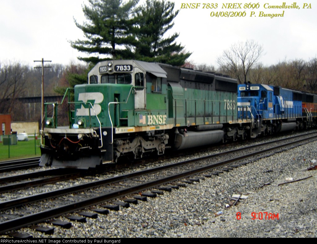 BNSF 7833   SD40-2  NREX  8696   SD50  04/08/2006