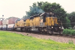 Eastbound stack train trails a patch