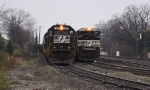 NS 6578 leads train P84 past train 351 early in the morning