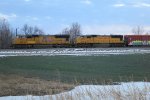 Union Pacific SD70Ms 4943 and 4036 prepare for departure eastbound near the lead to the east end of the yard