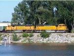 BNSF 9979 and BNSF 9869 approaching swing bridge