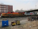 Kansas City Southern SD70ACe no. 4112 and SD70MAC no. 3911 near downtown Atchison, Kansas.  Less than a mile to the east (left) lie the banks of the Missouri River.