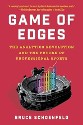 Schoenfeld - Game of Edges: The analytics revolution and the future of professional sports - red background with image of a sports stadium, from which rises a bar graph showing a data trend