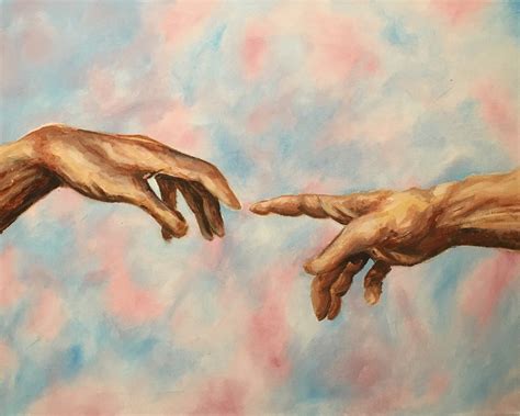 Michelangelo Hands Touching Reaching Painting Blue Art Board Print ...