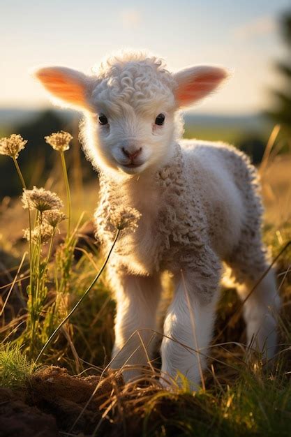 Premium AI Image | There is a small lamb standing in the grass with a ...