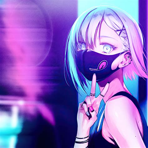 2932x2932 Anime Girl City Lights Neon Face Mask 4k Ipad Pro Retina ...