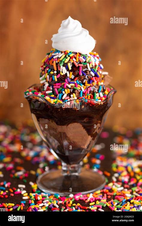 A Chocolate Ice Cream Sundae with Chocolate Syrup and Rainbow Sprinkles ...