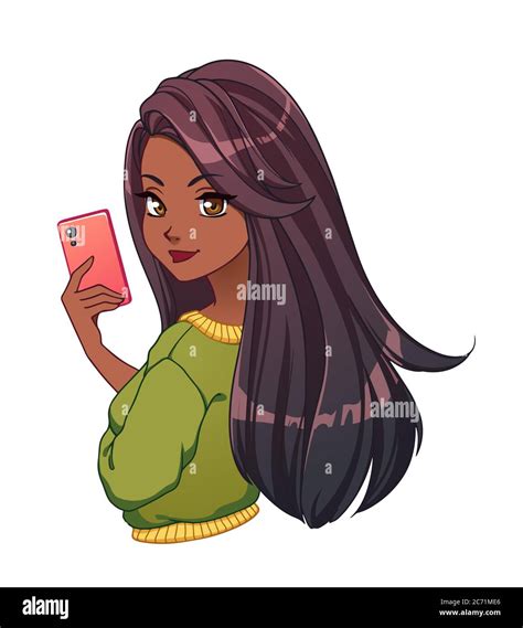 Pretty cartoon girl with tan skin and long black hair taking selfie and ...