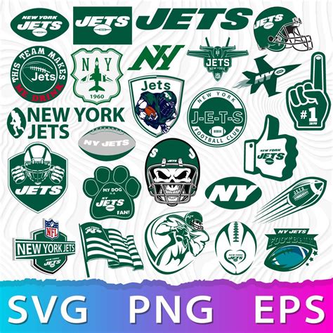 the new york jets svg bundle is shown in green, white and blue colors