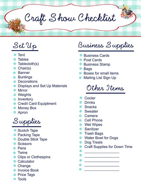 craft show checklist copy Free Printable Craft Show Checklist Craft ...